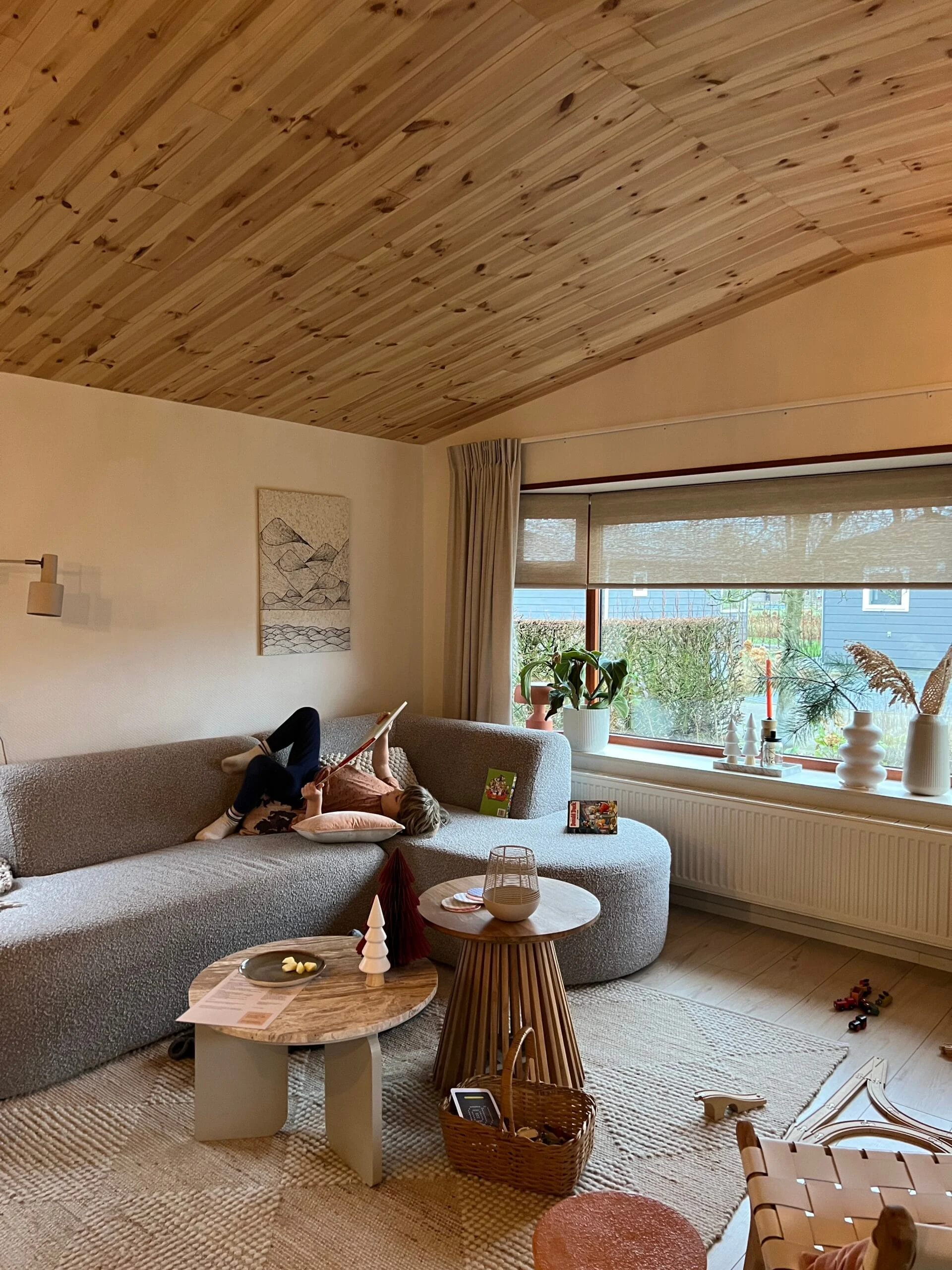 Kind leest op de bank in de woonkamer van vakantiehuisje Leva in Doldersum, vlakbij het Drents-Friese Wold