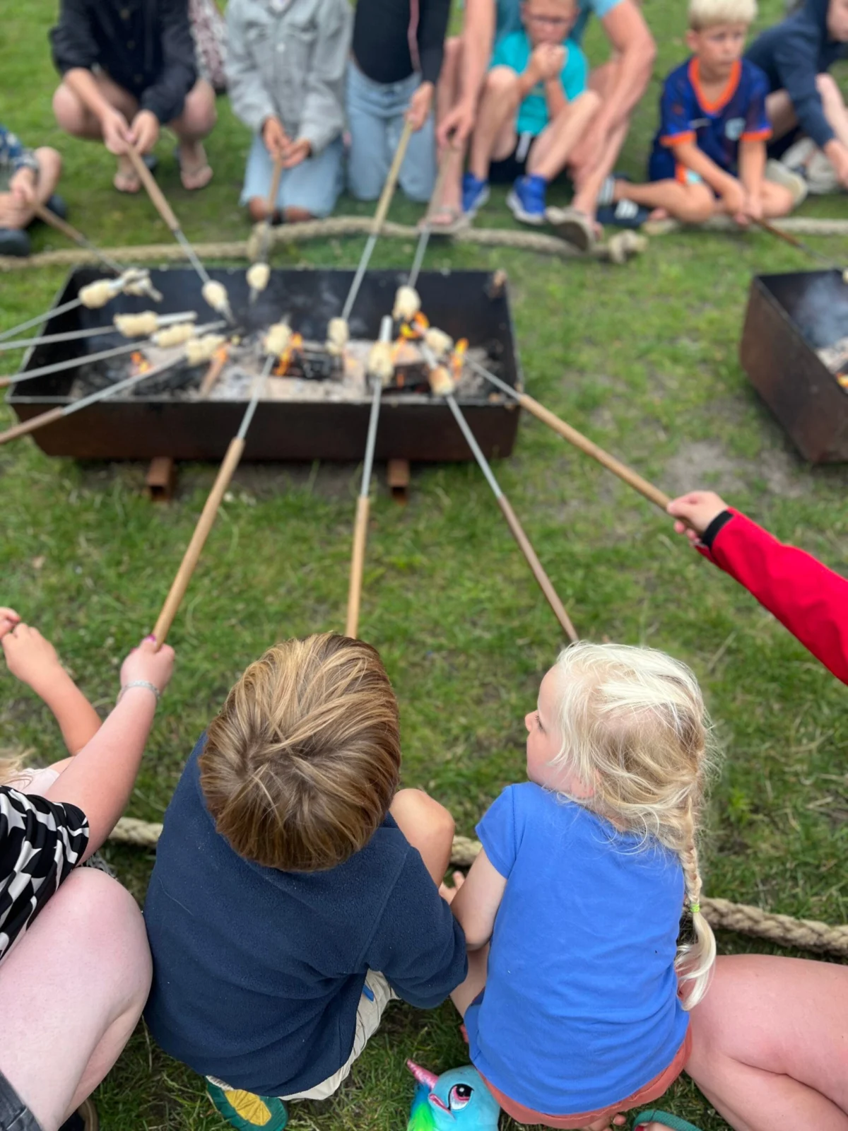 Kinderen bakken broodjes boven een kampvuur op camping de Norgerberg in Drenthe