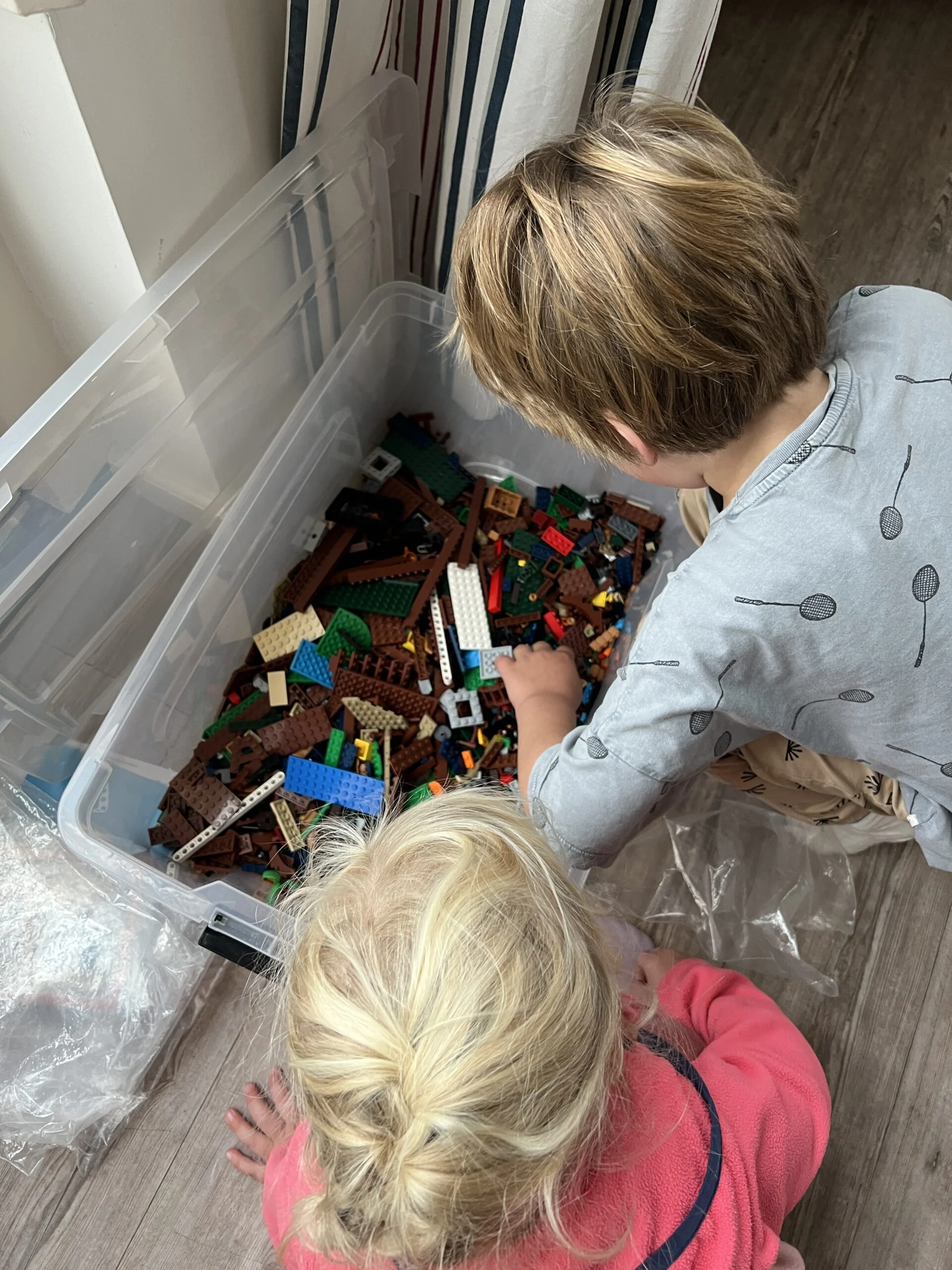 Kinderen spelen met een bak LEGO van Terschelling Bricks