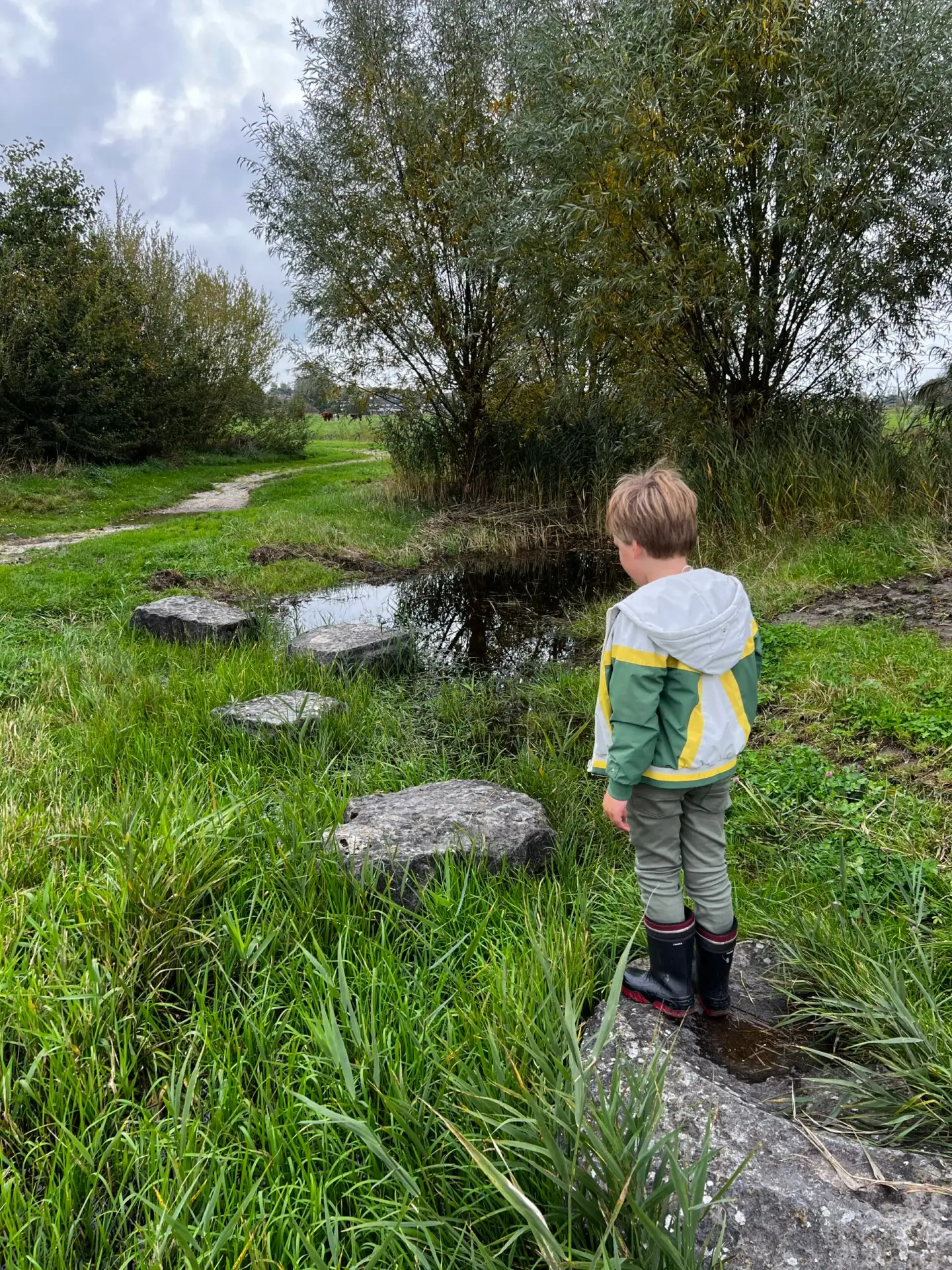Kind loopt over grote stapstenen in het water bij de natuurspeeltuin van OERRR Kardinge in Groningen