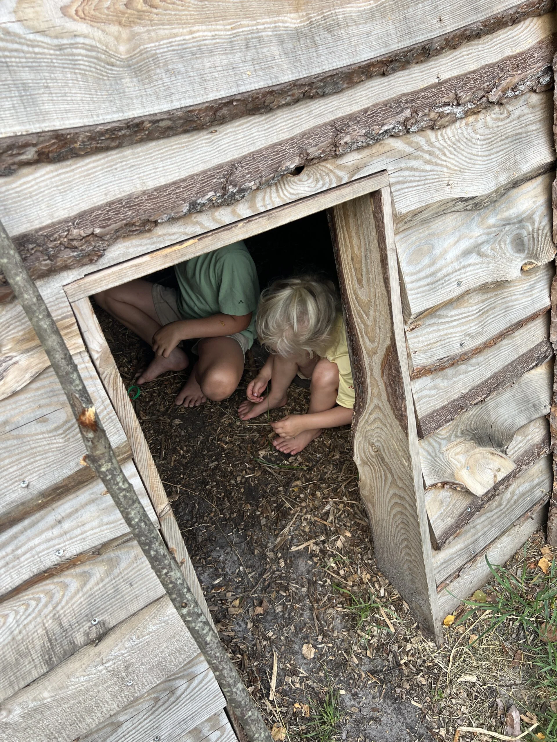 Kinderen spelen in een houten hutje in de natuurspeeltuin van OERRR bij Dwingelderveld, Drenthe