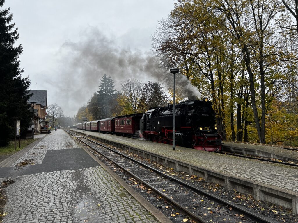 Ouderwetse stoomtrein Brockenbahn rijdt door het herfstlandschap van de Harz