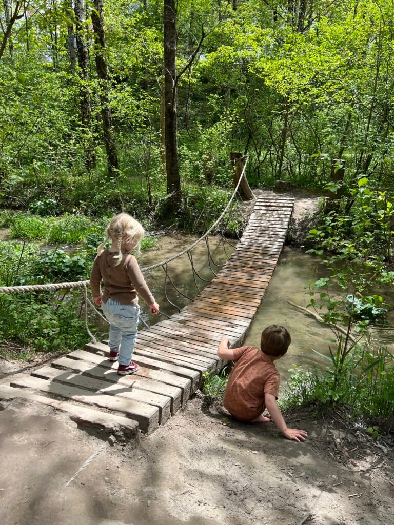 Kinderen lopen over een wiebelbrug op het Auwaldpfad bij Walderlebniszentrum Ziegelwies vlakbij Füssen