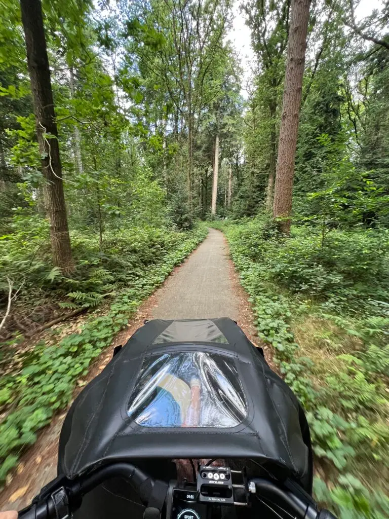 Bakfiets op het fietspad in het Blauwe Bos in Friesland