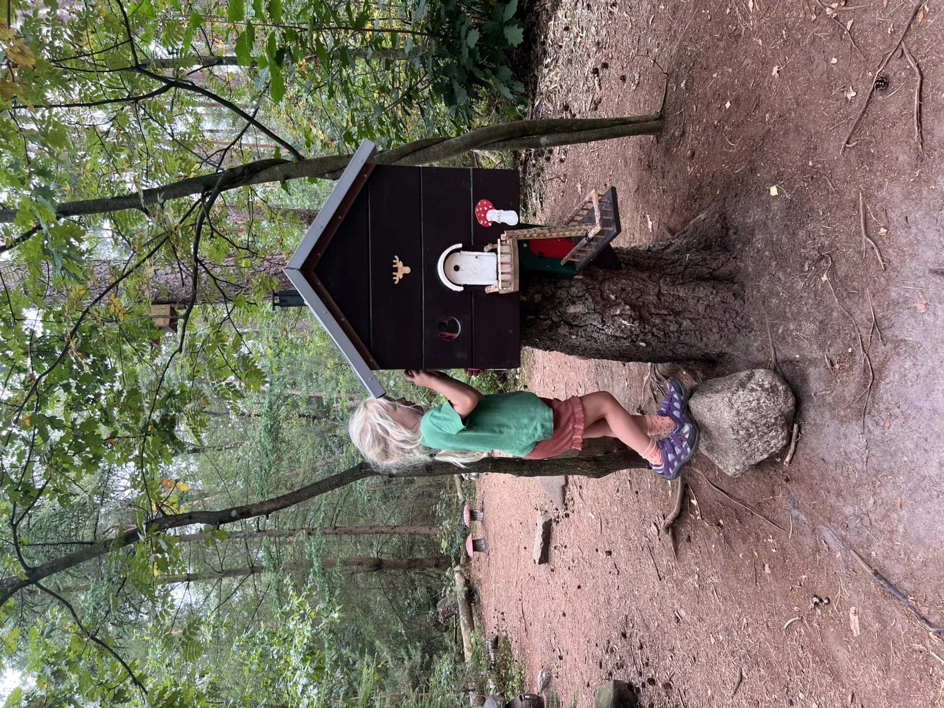 Kind kijkt in een kabouterhuisje op het kabouterpad op de Sallandse Heuvelrug