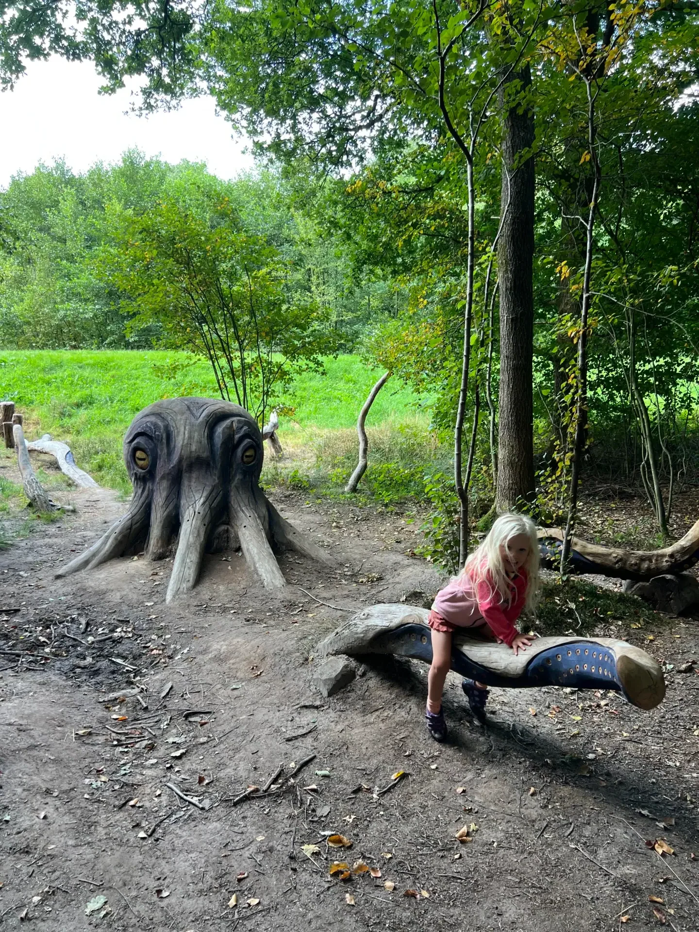 Kind speelt op houten octopus van het Piratenpad bij de kinderboerderij in Ommen