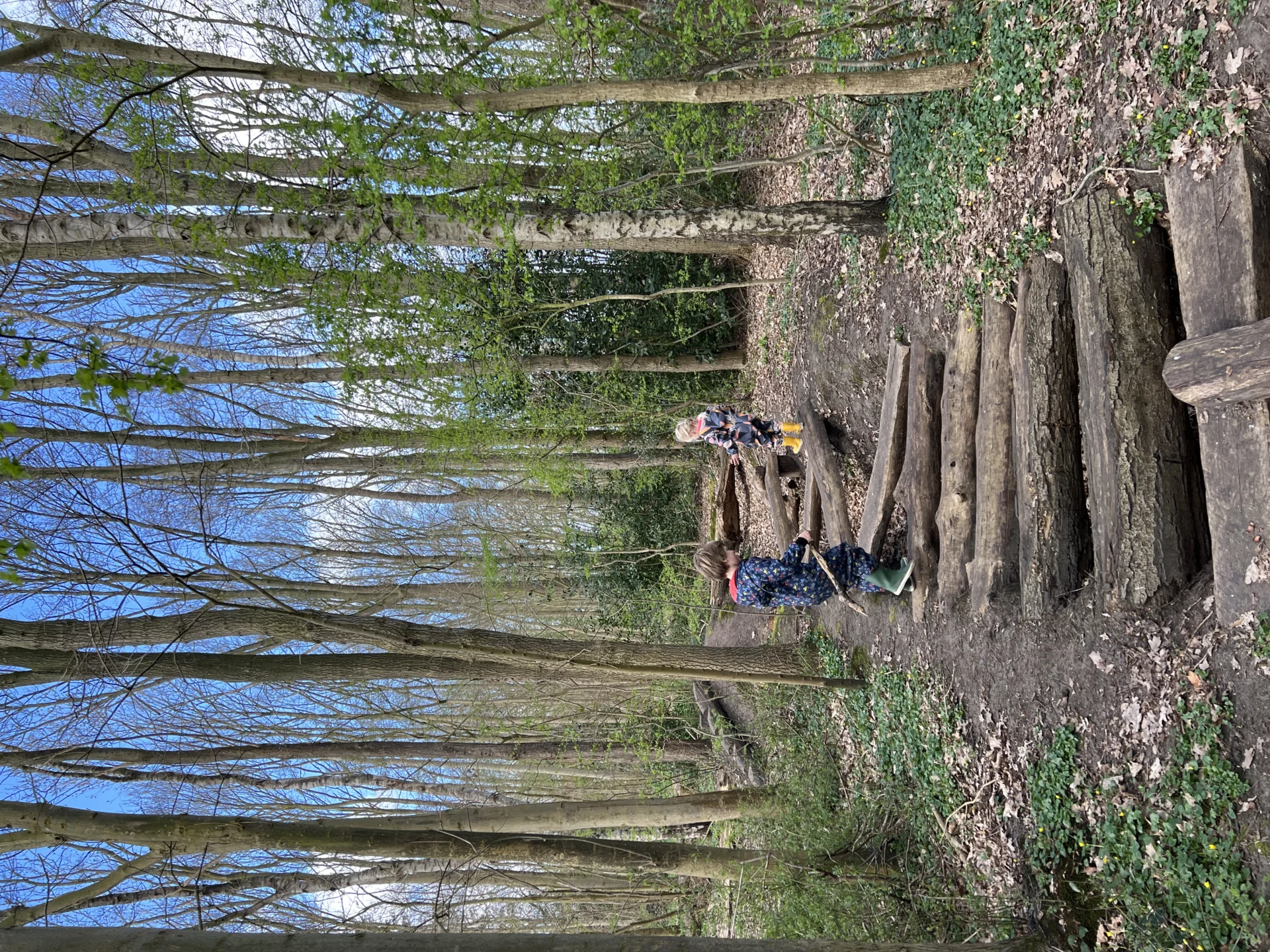 Kinderen op wandelroute met hindernissen in het speelbos van Meeden. Een van de leukste gratis uitjes voor kinderen in Groningen