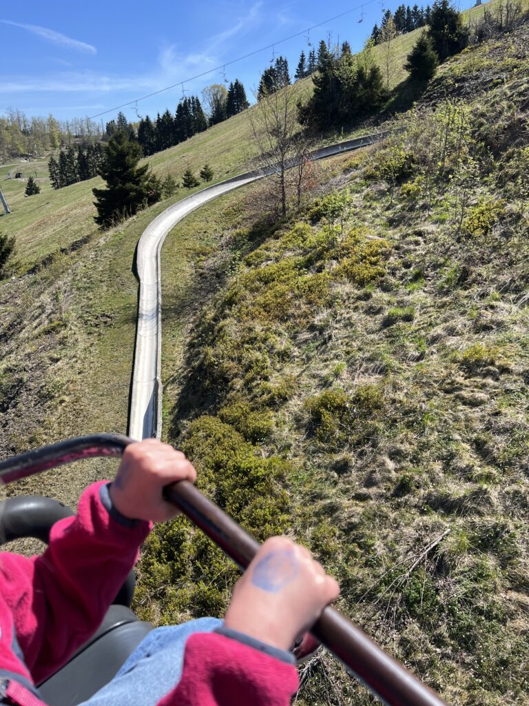 Rodelbaan op St. Andreasberg in de Harz gezien vanuit de stoeltjeslift tijdens de meivakantie